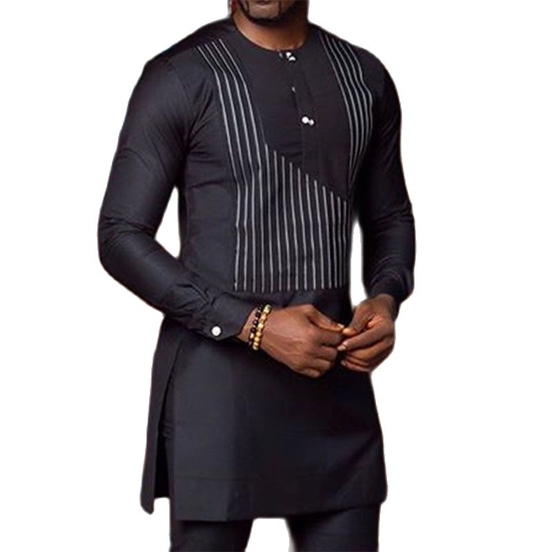 슬림 피트 스트라이프 남성 셔츠 금박 블랙 탑 남성 나이지리아 패션 아프리카 웨딩 의상